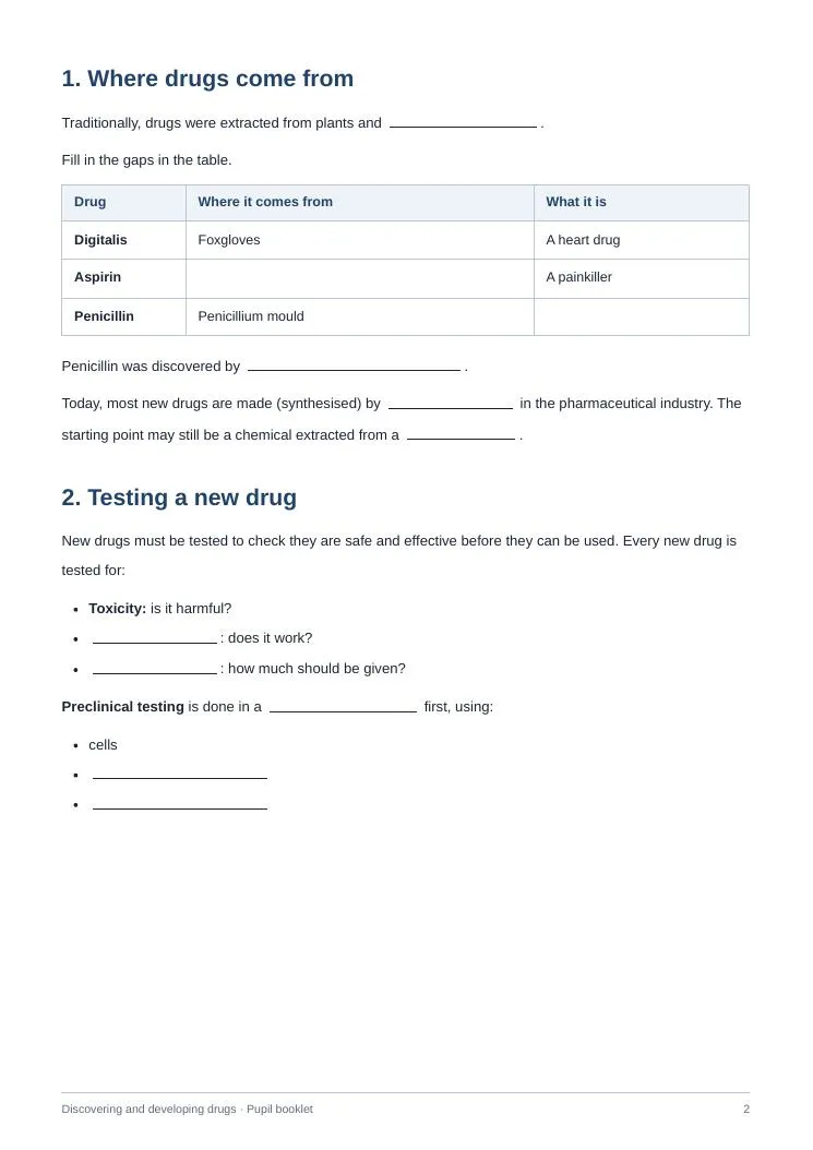 Booklet page with fill-in-the-gap text and lists